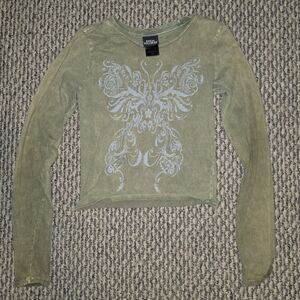 Social Collision Olive Long Sleeve with Butterfly Print